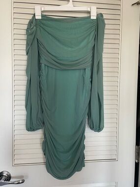 Off-Shoulder Long Sleeve Ruched Dress in Turquoise Blue